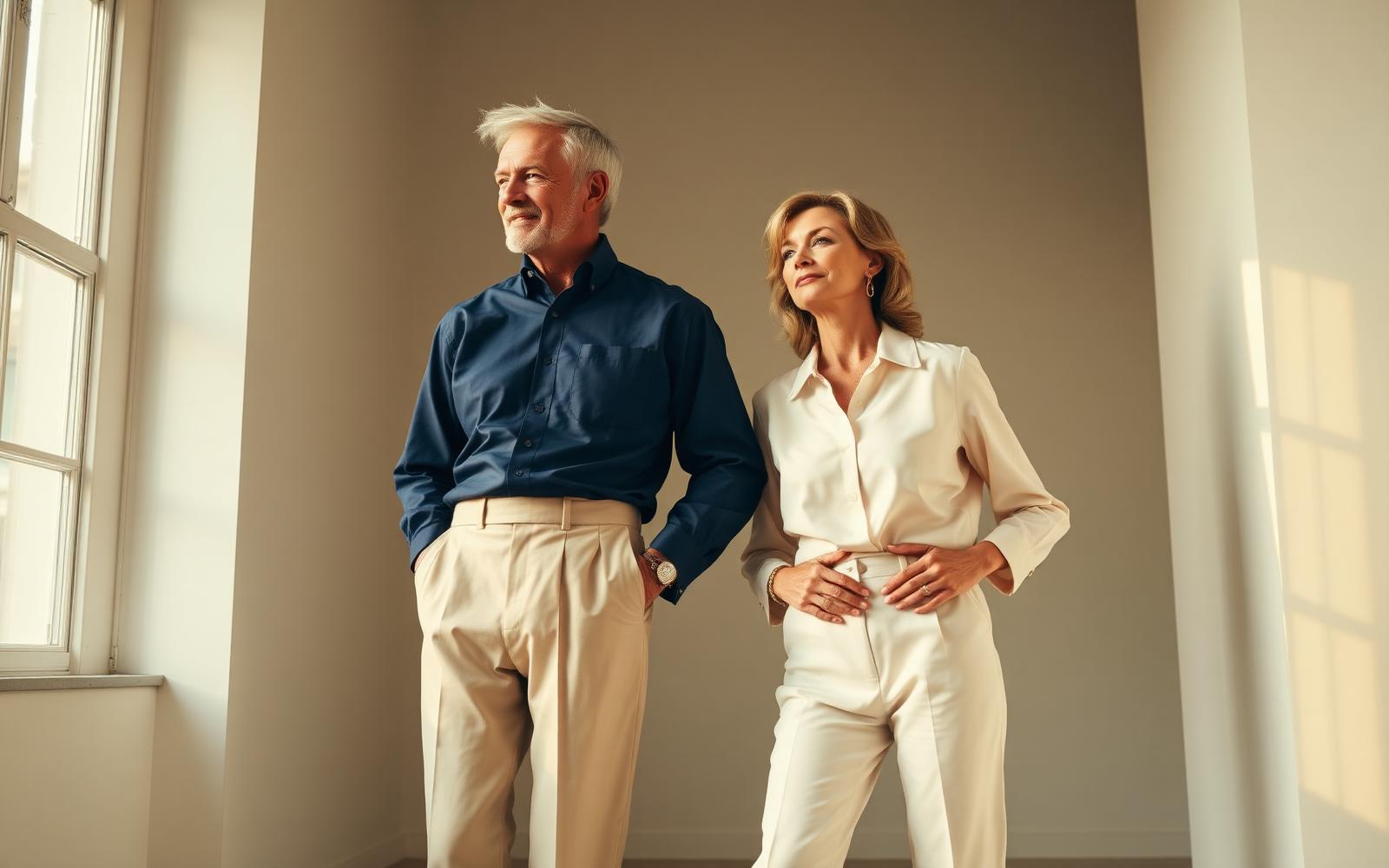 Mature couple wearing classic CosyCuts pieces in warm natural light