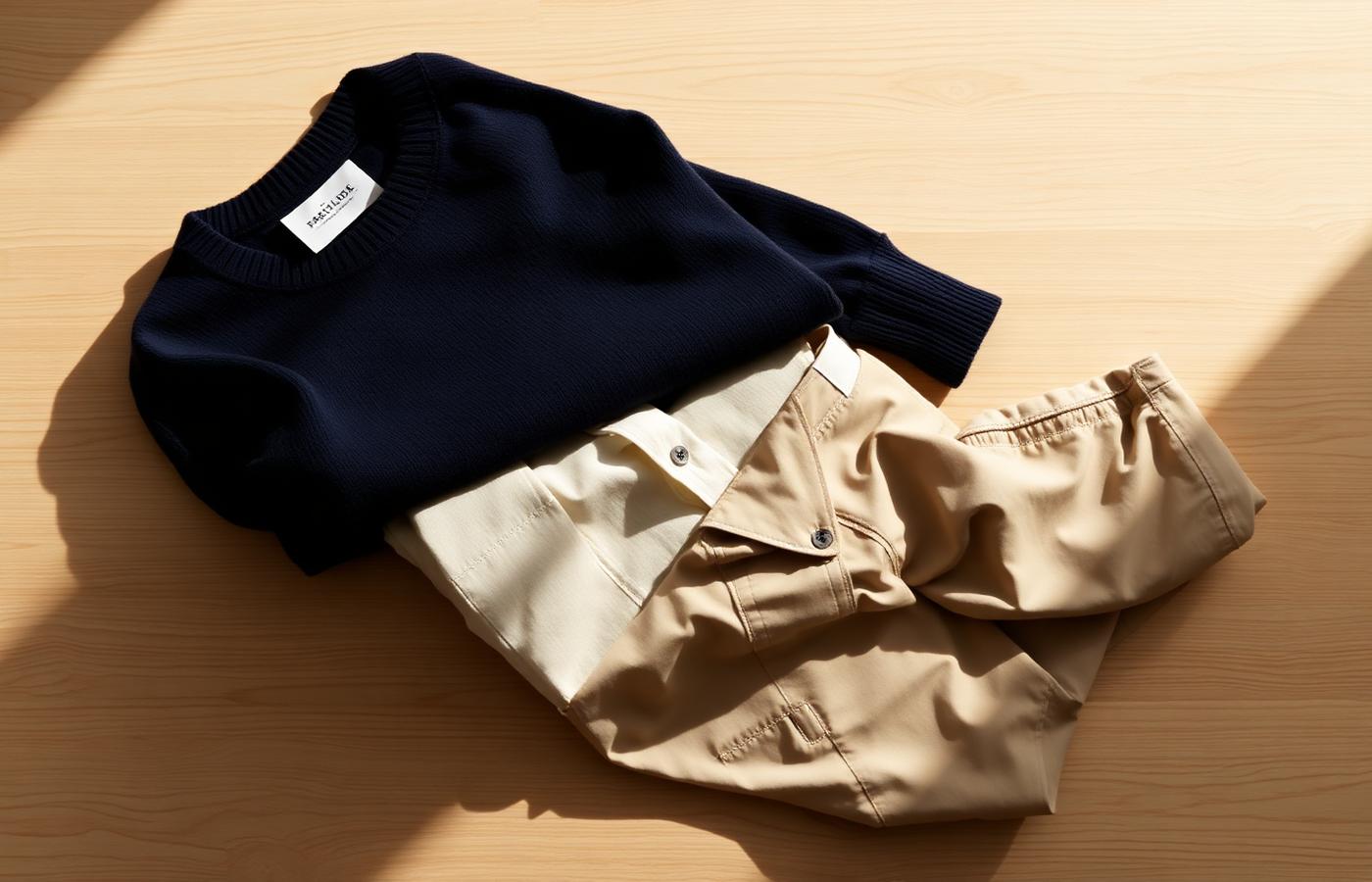 A folded stack of CosyCuts knitwear and chinos